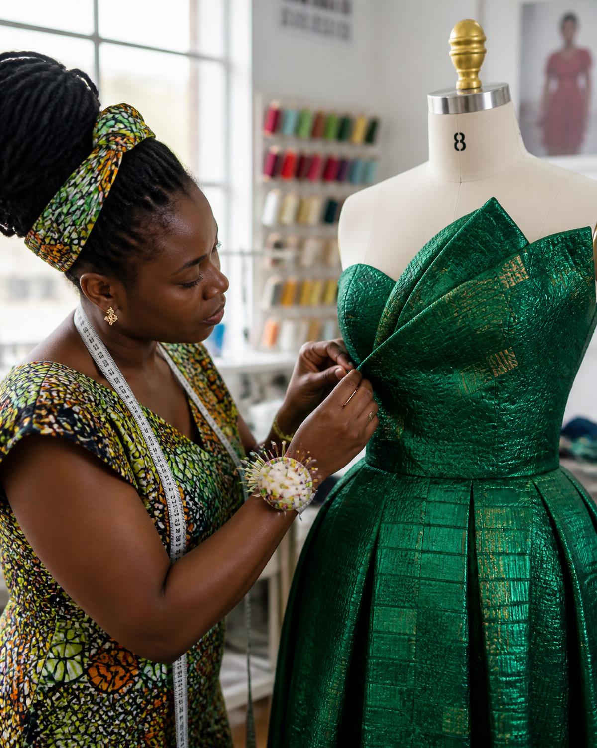 Tutor draping an emerald kente-inspired gown