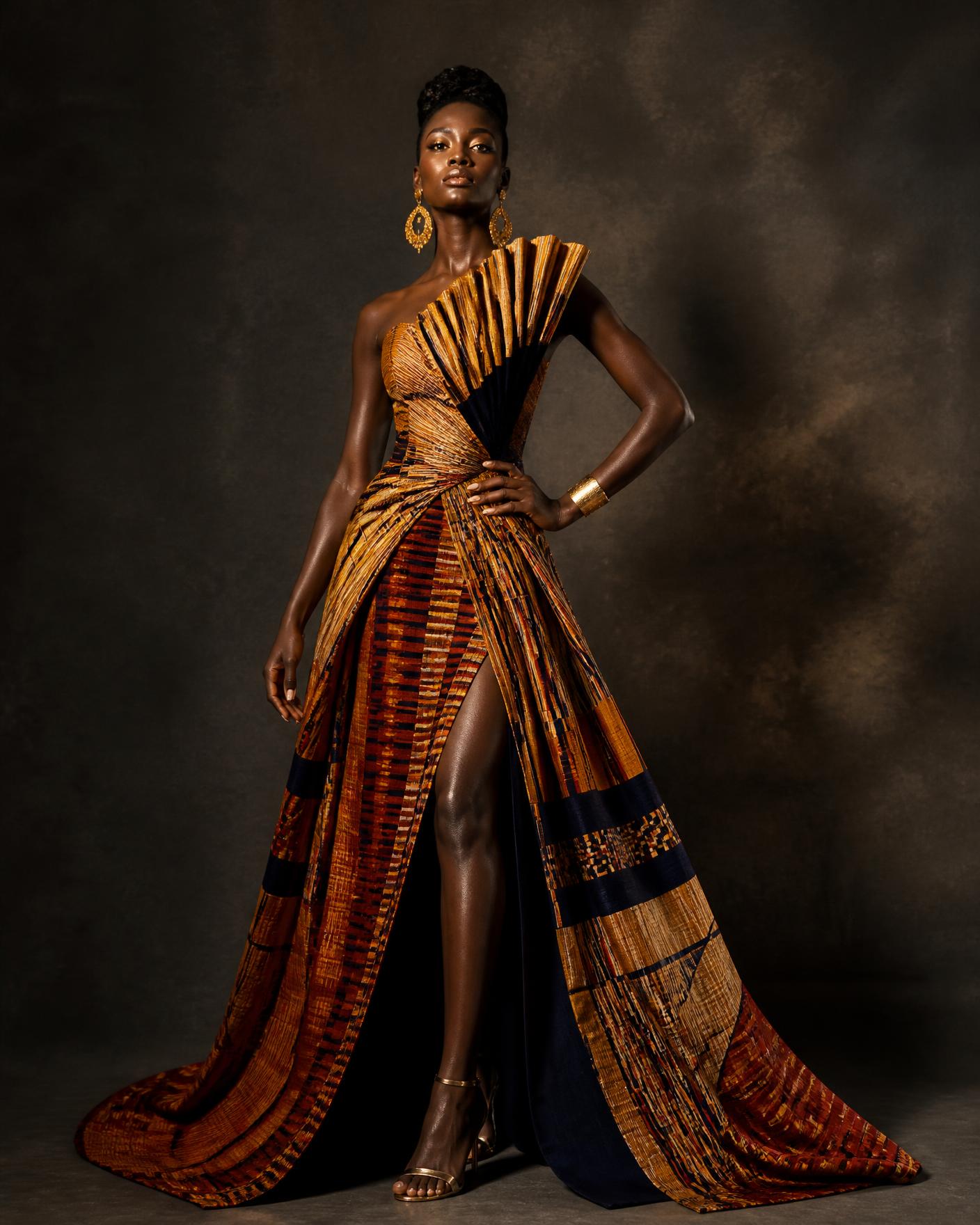 Ghanaian model wearing a kente-inspired couture gown designed at Abbi College